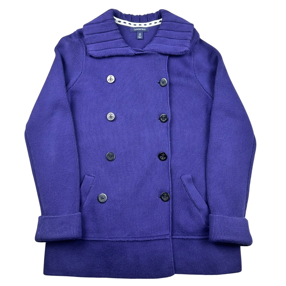 Lands End Blue Anchor Button Double Breasted Knit Peacoat Cardigan XS
